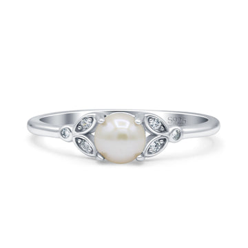 Art Deco Wedding Round Simulated White Pearl Engagement Ring 925 Sterling Silver